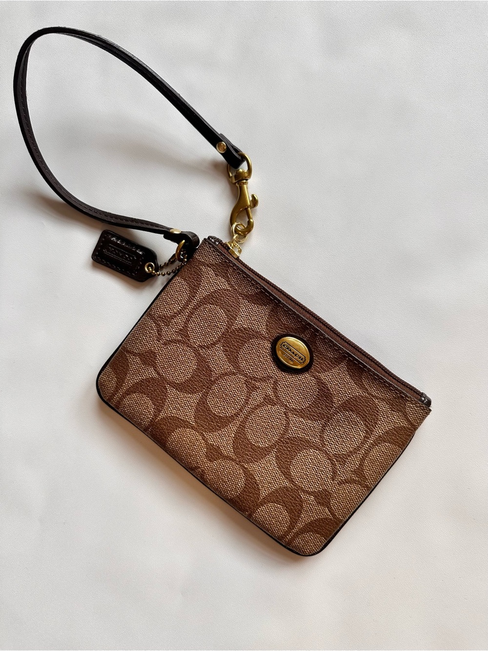 Coach Brown Signature Canvas Wristlet with Gold Hardware